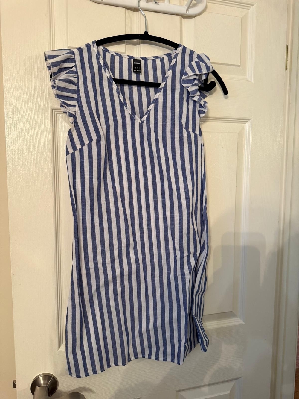 Blue & White Vertical Stripe Ruffle Sleeve Dress